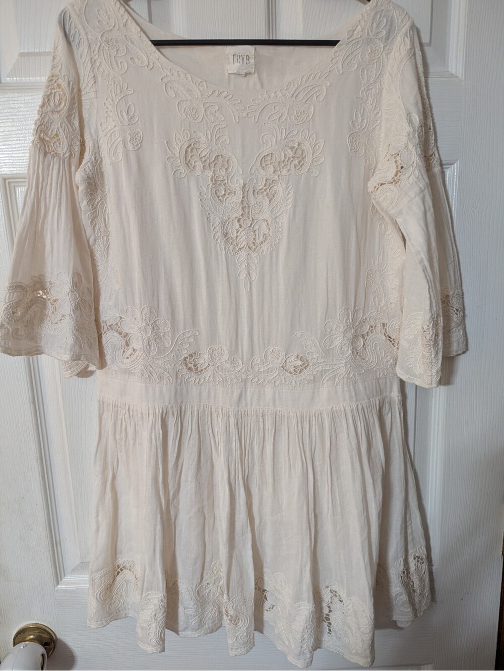 Anthropologie TRYB Eyelet Mini Dress TunicSize M  Embroidered Long Sleeve Cotton